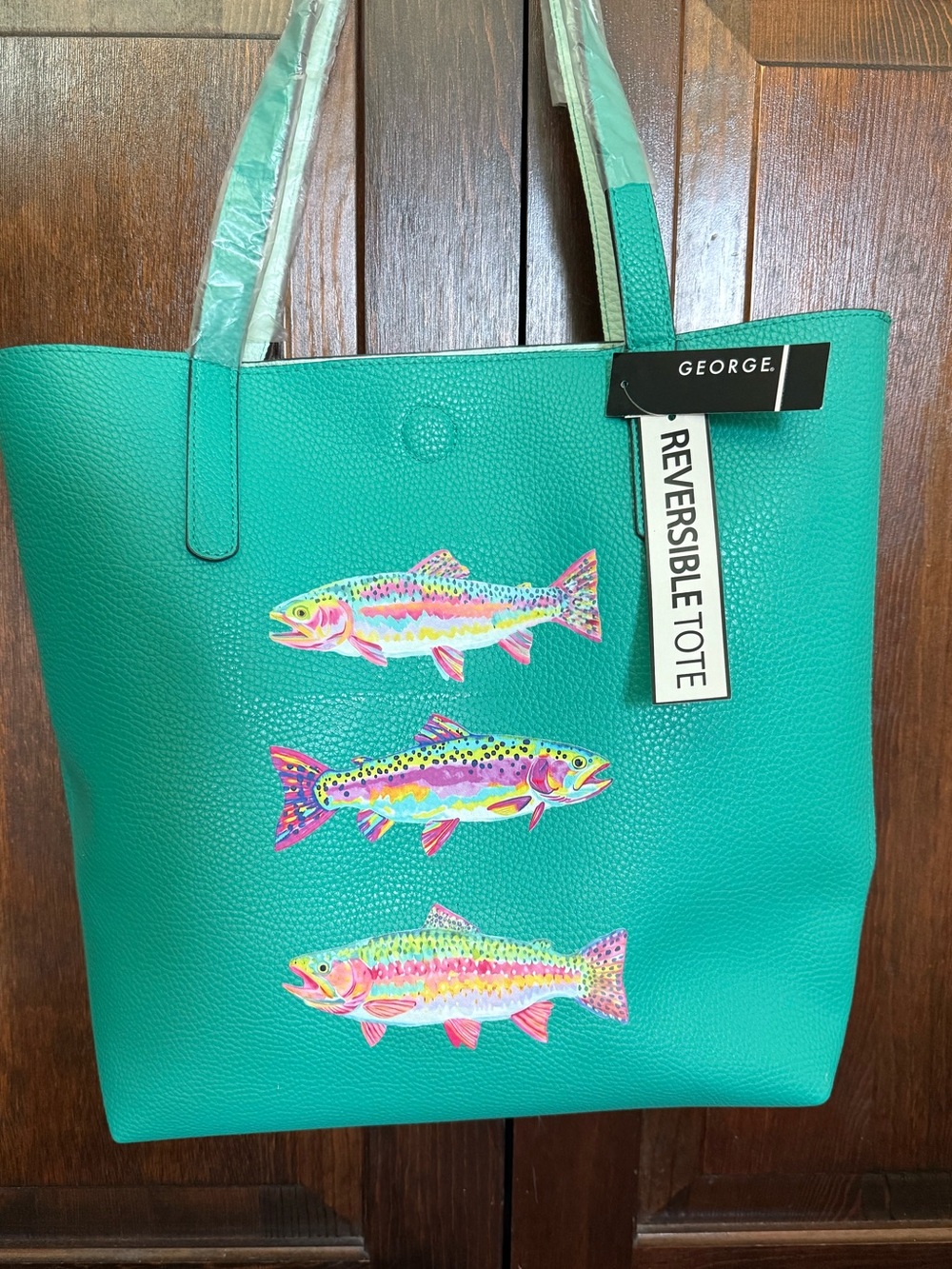 Fish tote, trout tote, reversible pleather tote with fish, preppy fish